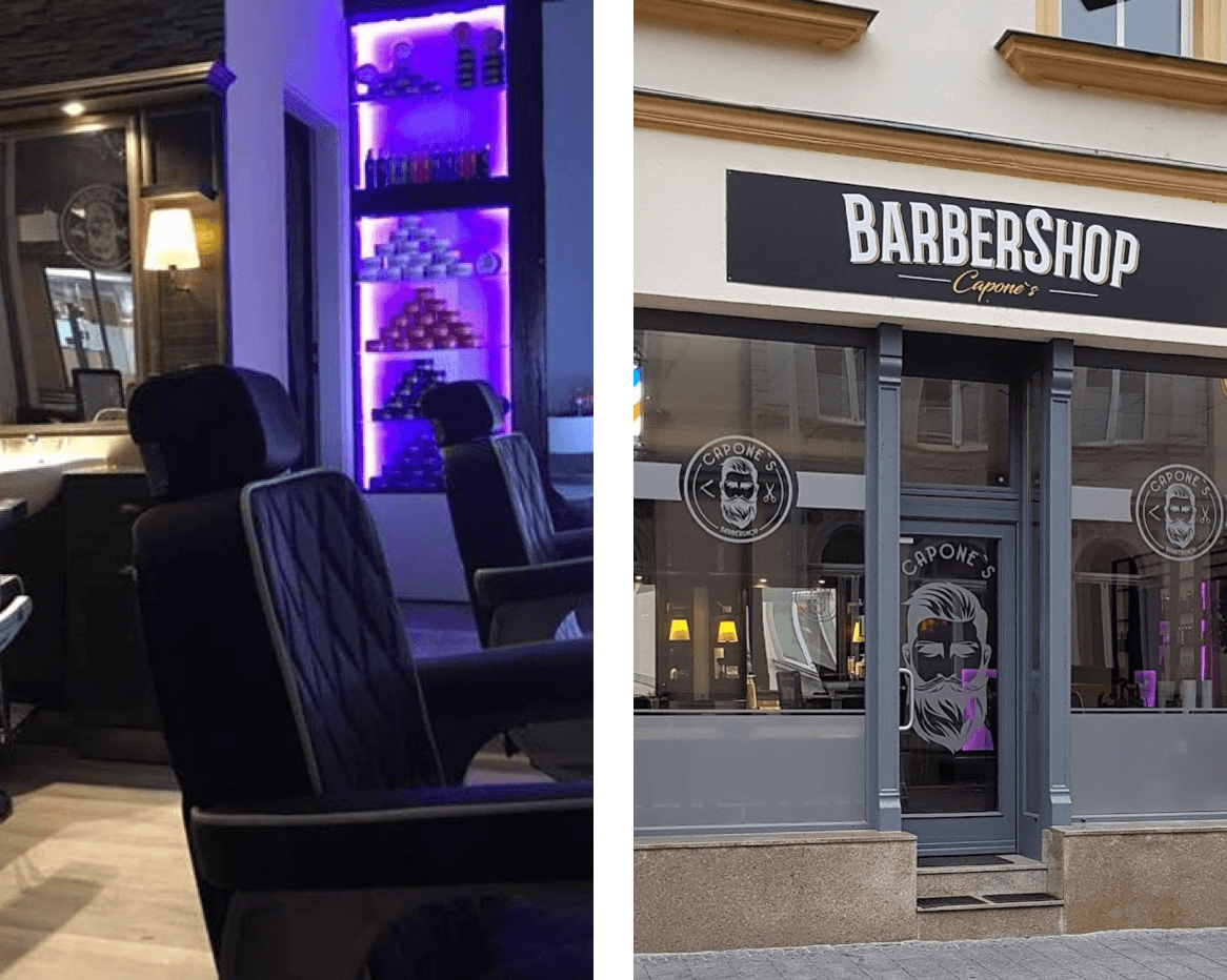 Links siehst Du die stylische Innenausstattung von Capone’s Barbershop mit beleuchteten Regalen und bequemen Stühlen. Rechts ist die moderne Außenansicht des Barbershops mit dem Logo und großen Fenstern abgebildet.